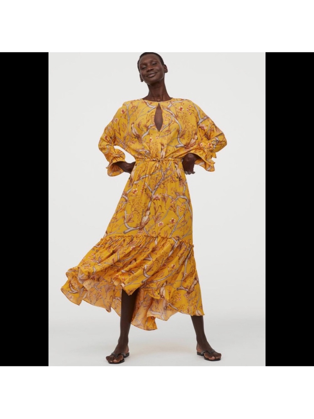 Johanna Ortiz x H&M Yellow Bird Botanical Print Ruffle Midi Dress XL - Picture 2 of 8